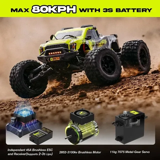 The green Rlaarlo Omni-Terminator Metal on a dirt trail, with graphics for a 60–80 km/h published speed, a 3S battery, a 45A ESC, a 2852 3100KV motor, and an 11 kg metal-gear servo.